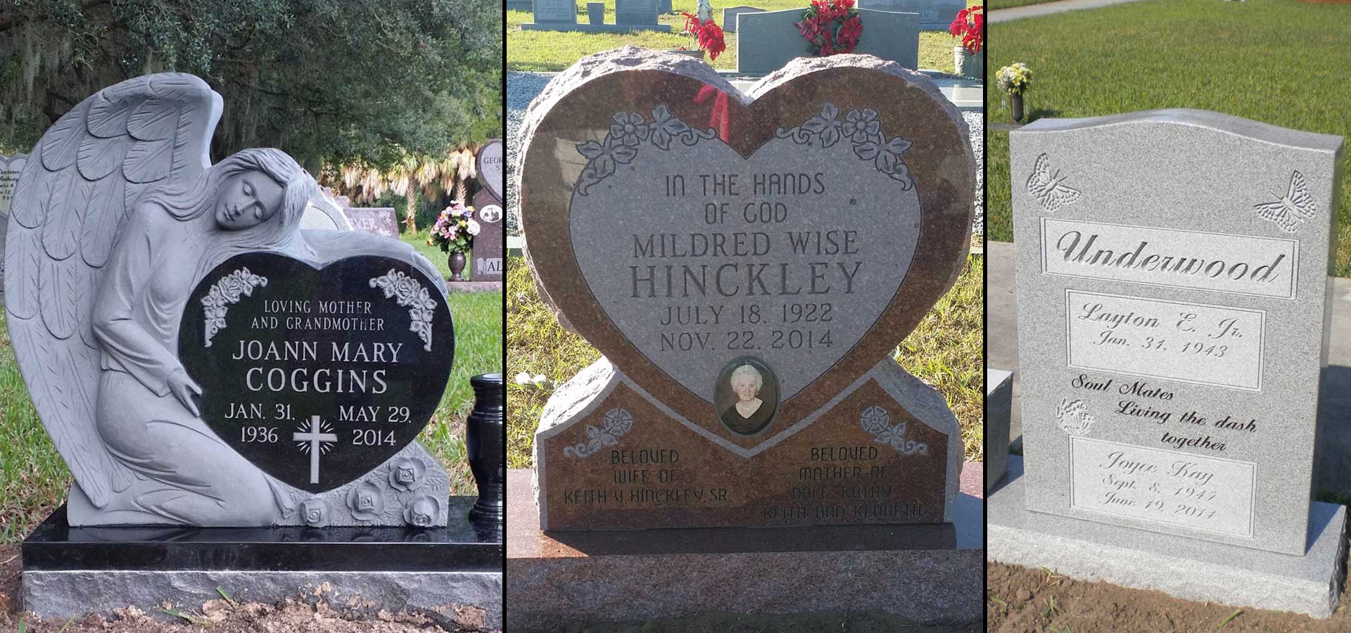 Three monuments side by side: a carved angel with a black heart, a rose granite double heart with a portrait, and an upright with butterflies and script lettering